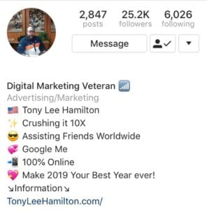 View the Instagram page of The Digital Marketing Veteran Tony Lee Hamilton and start Crushing it 10X while earning an income online worldwide!