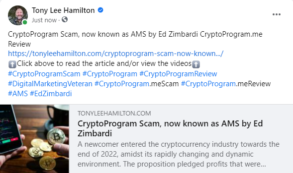 CryptoProgram Scam AMS Ed Zimbardi CryptoProgram.me Reviews Bitcoin Crypto Cryptocurrency Pyramid Ponzi Scheme