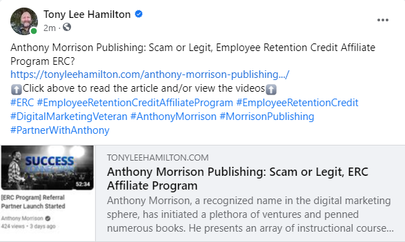 Partner with Anthony Morrison Publishing Scam Employee Retention Credit Affiliate Program ERC Review